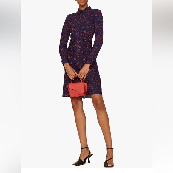 Thakoon Collective Navy Long Sleeve Shirt Dress with Collar and Red Floral - 10 - Picture 1 of 13